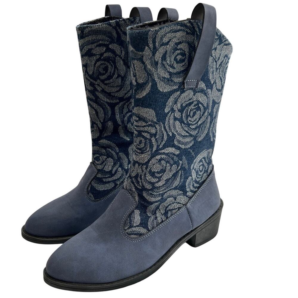 Beautiful Mid Calf Boots Blue w Roses Festival Cowgirl Western Size 6.5 XC